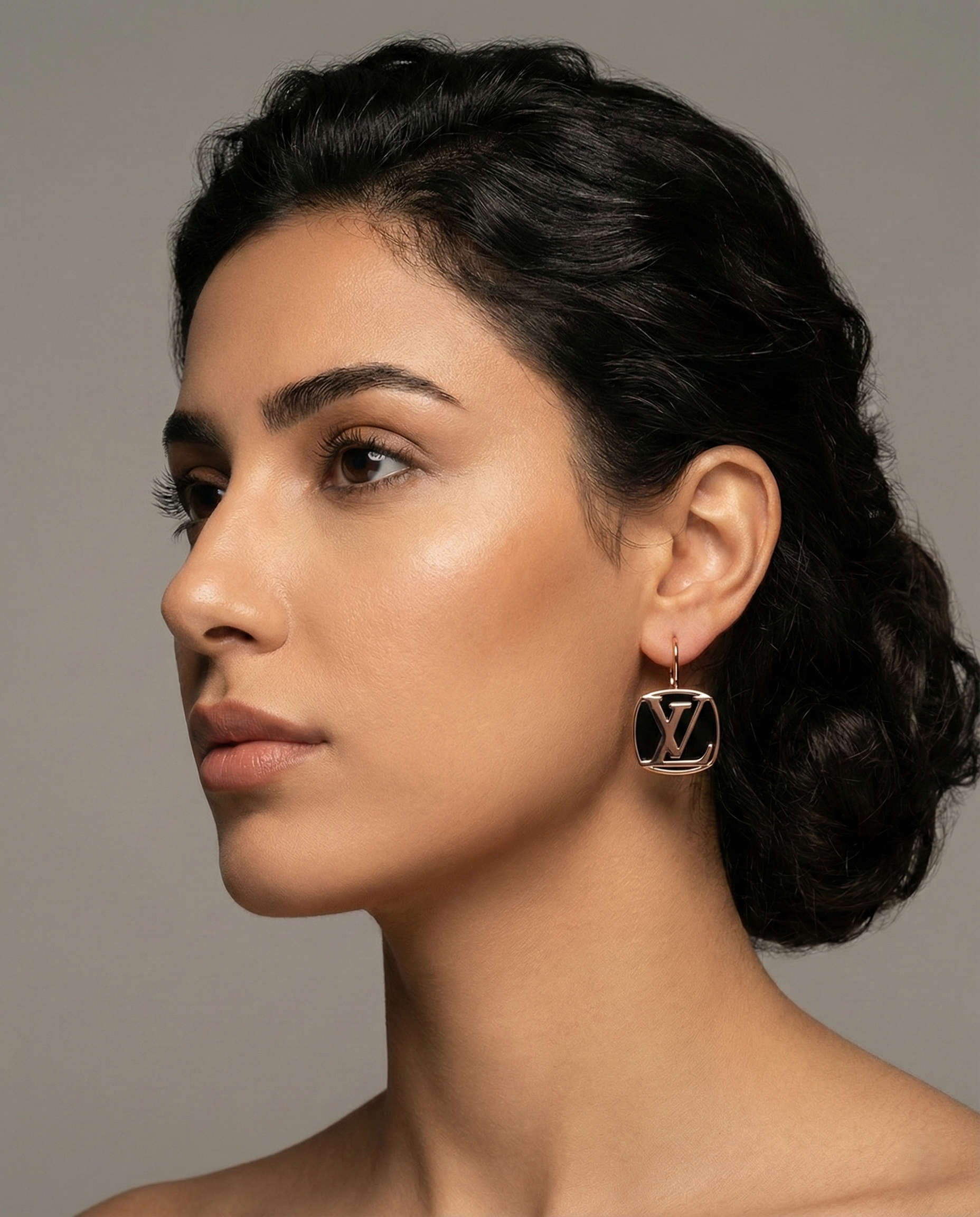 Rose GoldTone Black Enamel Monogram Earrings