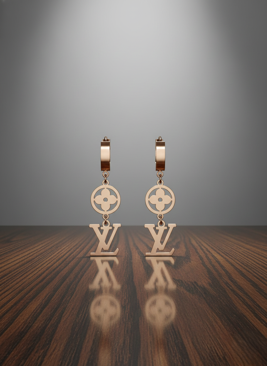 Stainless Steel Rose Gold Monogram & Flower Drop Earrings