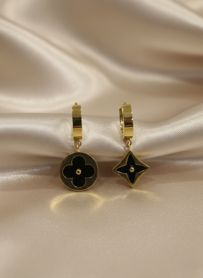 Stainless Steel Gold-Tone Black Enamel Flower & Star Drop Earrings