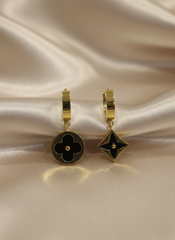 Stainless Steel Gold-Tone Black Enamel Flower & Star Drop Earrings