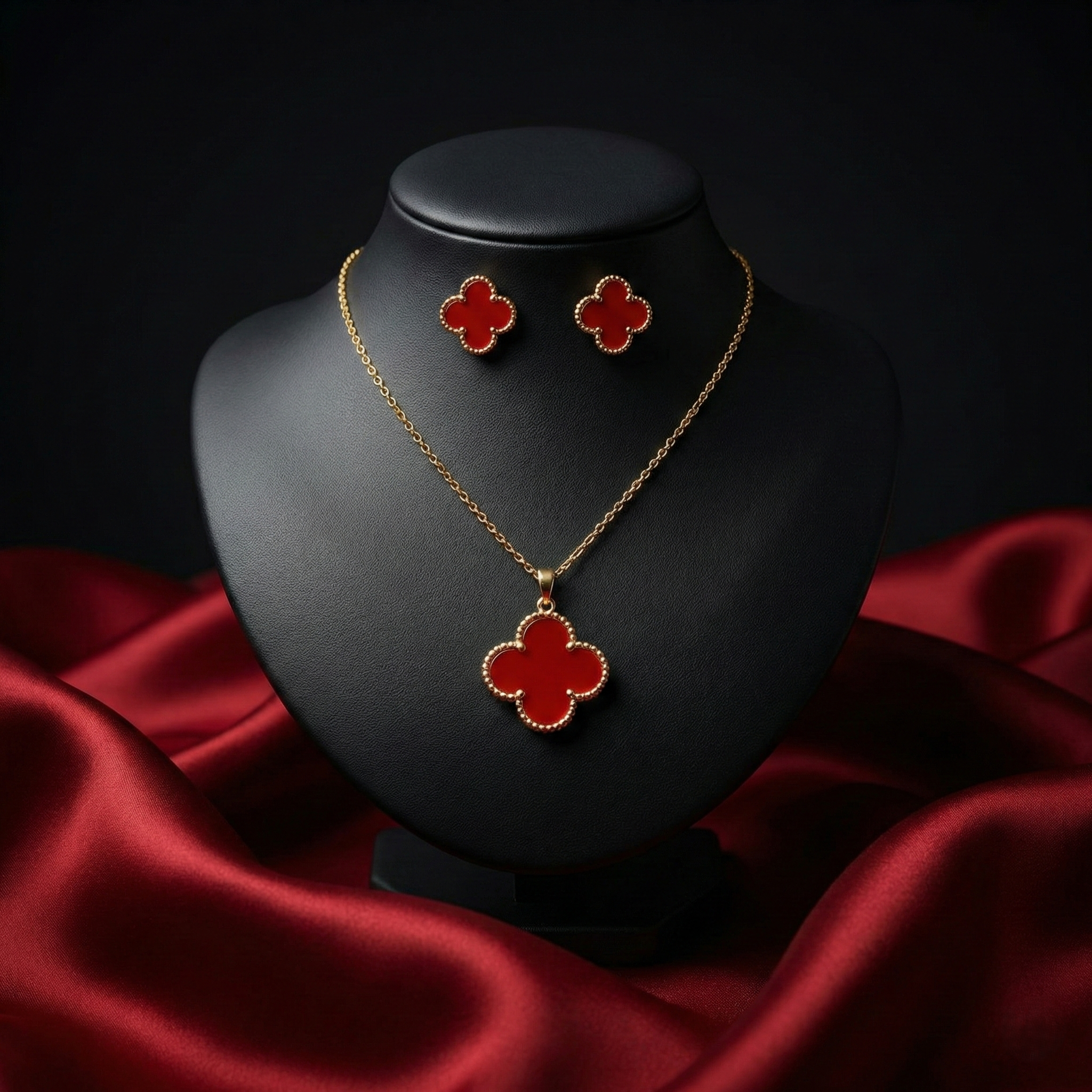 Classic Clover Pendant Set with Earrings – Gold Tone