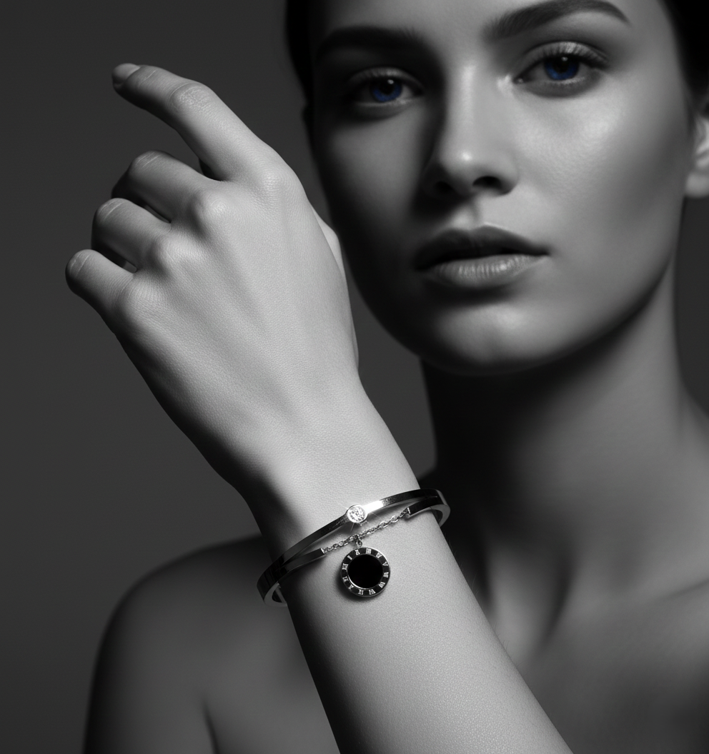 Nisa Premium Silver Polish Hanging Roman Numbers Design With Daimond And Ceramic Studded Bracelet For Women and Girls