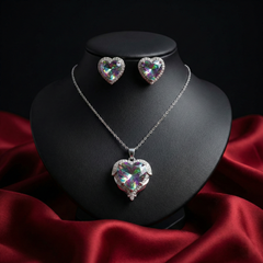 Iridescent Heart Crystal Pendant Set with Matching Earrings – Silver Tone