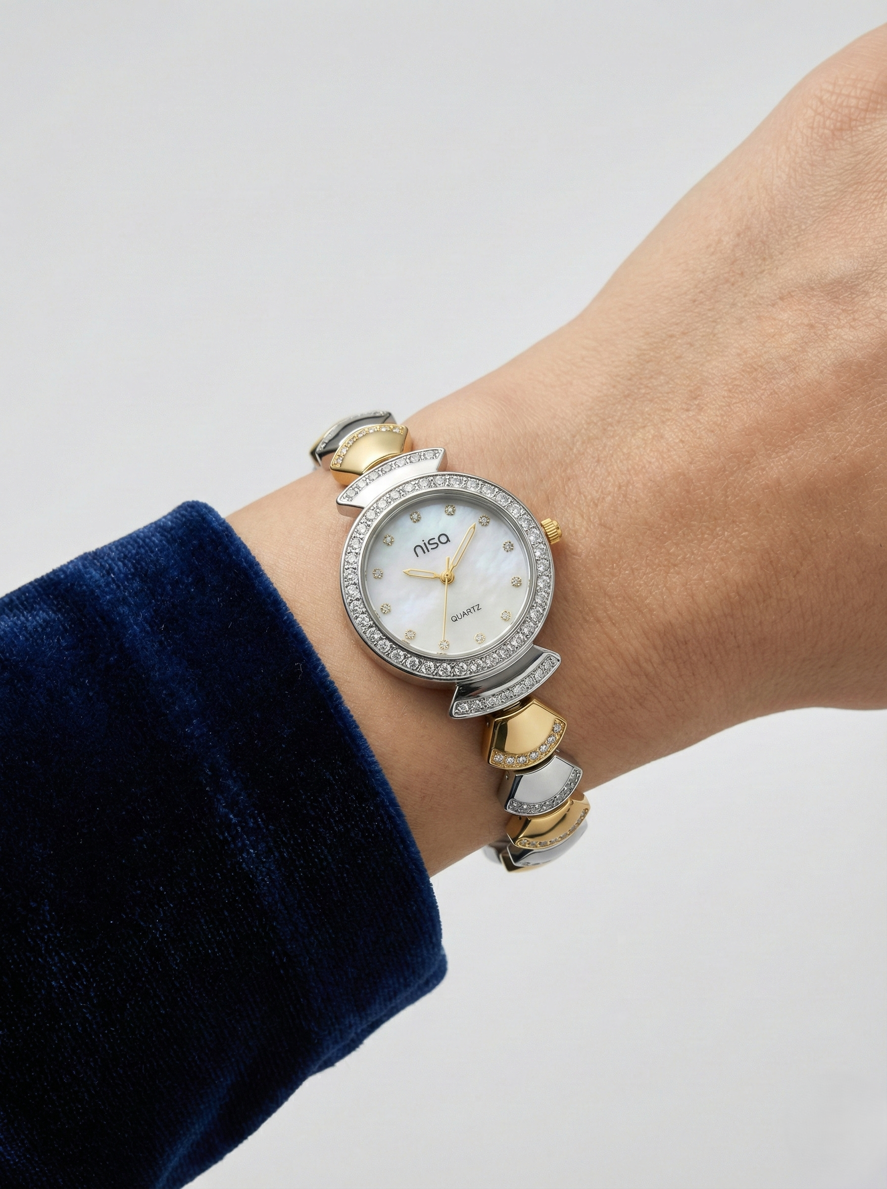 Nisa Designer Two-Tone Women’s Watch with Crystal Accents – Gold & Silver