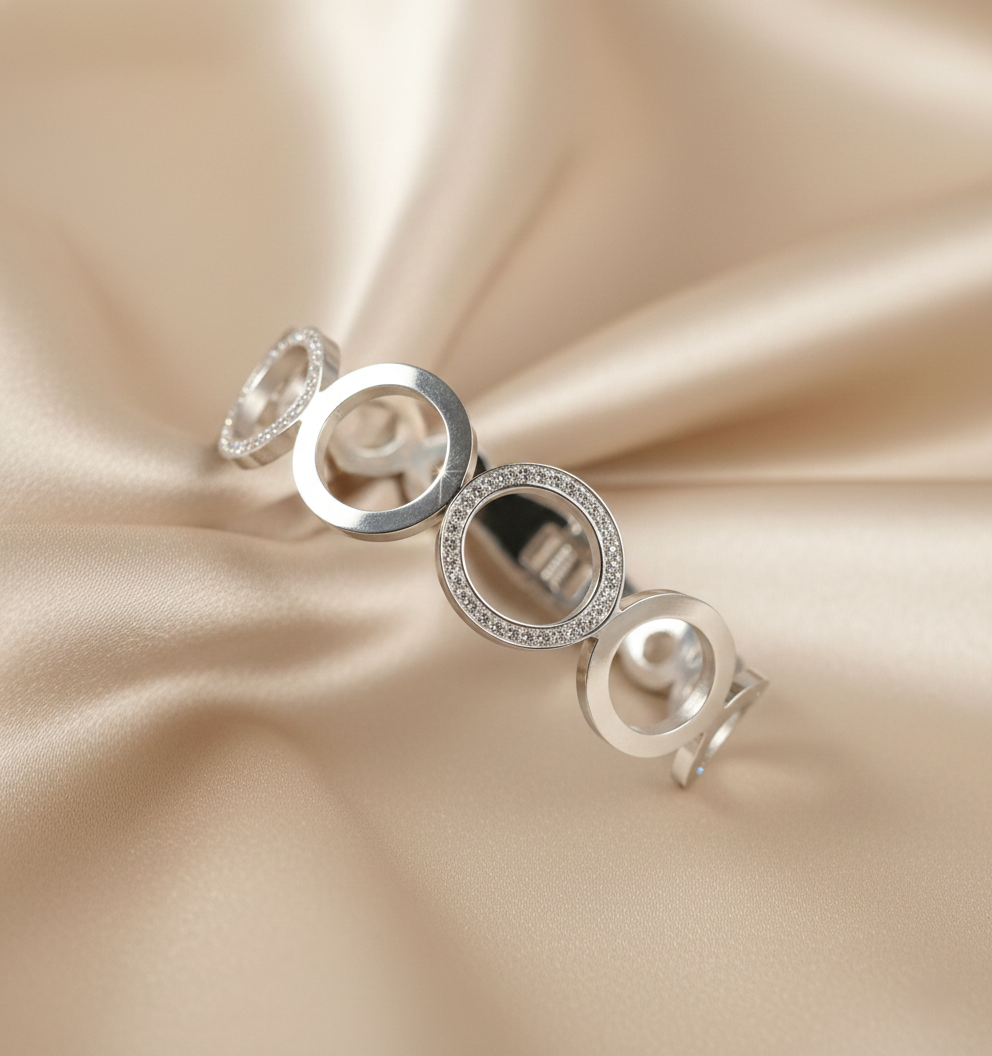 Nisa Premium Silver-Polish Sequence Round Design With Diamond Studded Bracelet For Women and Girls