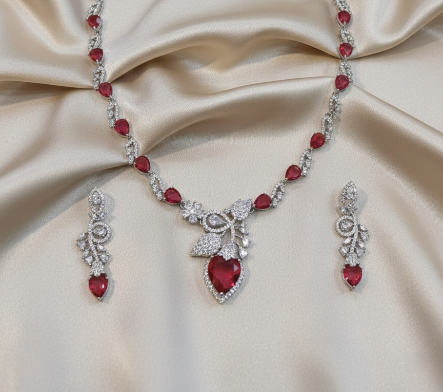 Crimson Radiance Red AD Necklace & Earring Set