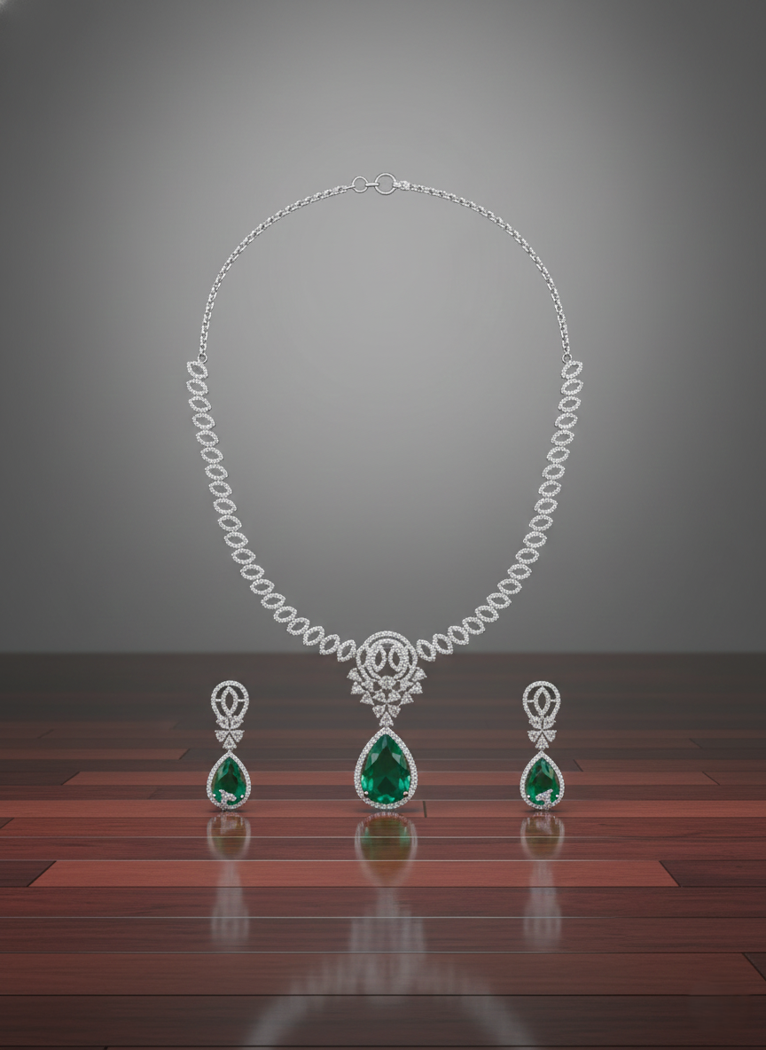 NISA Silver - Mint Teardrop AD Necklace & Earring Set.
