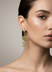 Stainless Steel Golden Monogram & Flower Drop Earrings