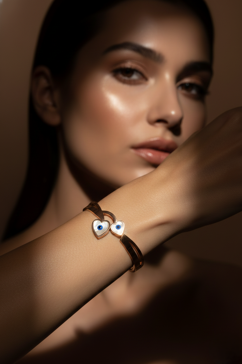 Nisa Premium Rose-Gold Polish Evil-Eyes Design With Heart Shape White Pearl Studded Bracelet For Women and Girls