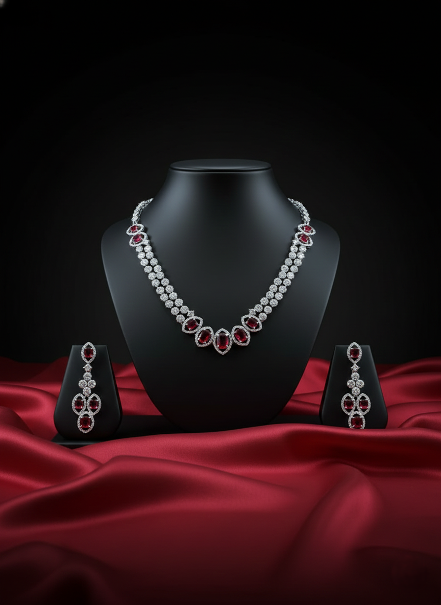 Ruby Red & Floral AD Necklace Set
