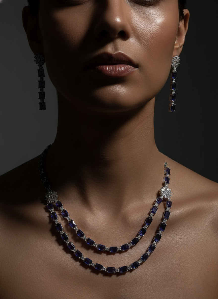 Purple Double-Strand AD Necklace & Drop Earring Set