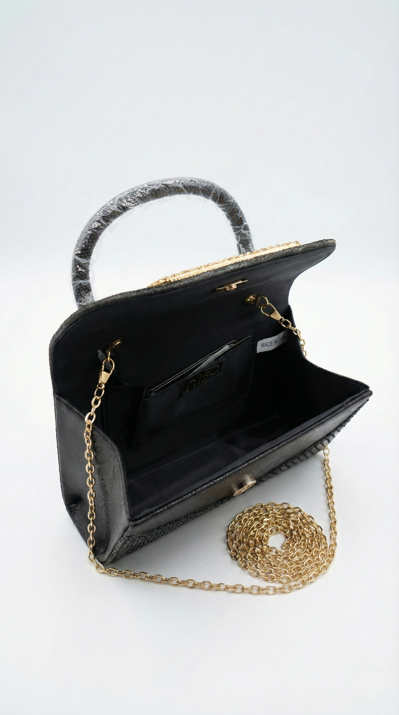 Nisa Black V-Emblem Crystal Evening Purse