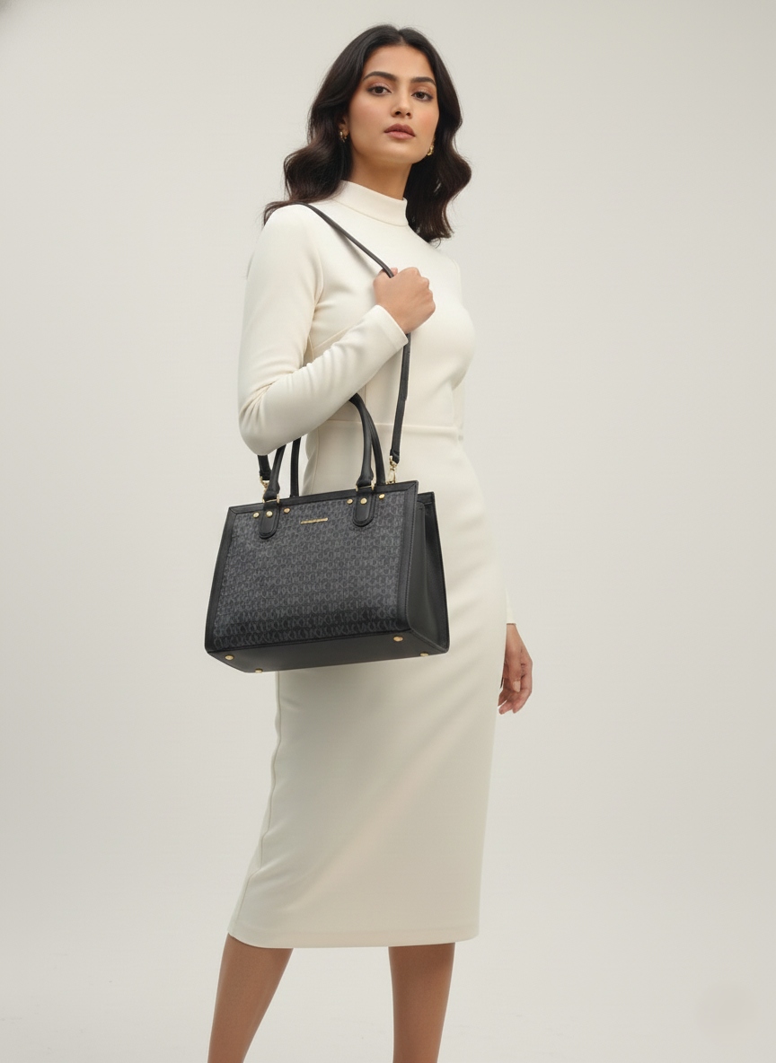 3-Pcs Combo Tote & Satchel Set  - Midnight Charcoal Black