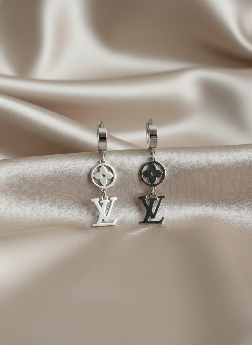 Stainless Steel Silver Monogram & Flower Drop Earrings