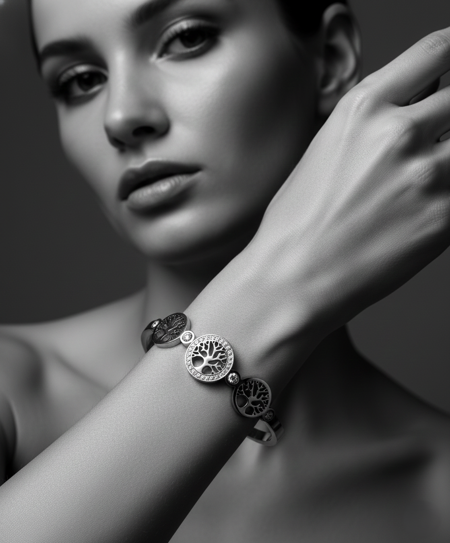 Nisa Premium Silver Polish Tree Design With Diamond Studded Bracelet For Women and Girls