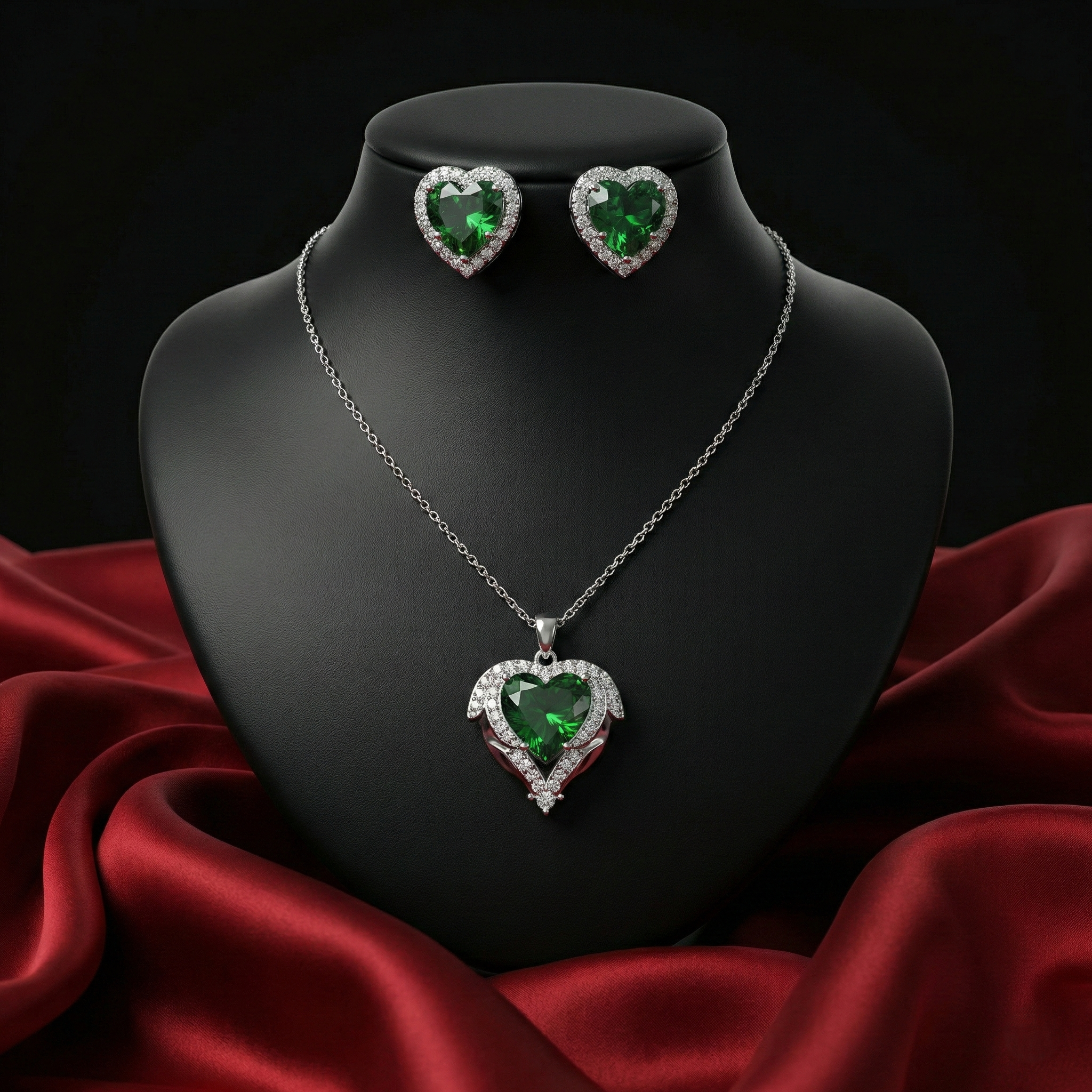 Iridescent Heart Crystal Pendant Set with Matching Earrings – Silver Tone