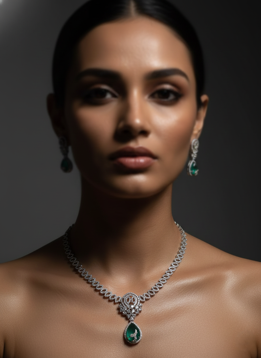 NISA Silver - Mint Teardrop AD Necklace & Earring Set.