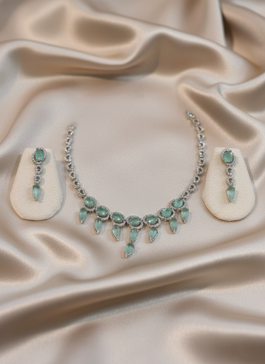 Mint Harmony: AD Necklace & Drop Earring Set