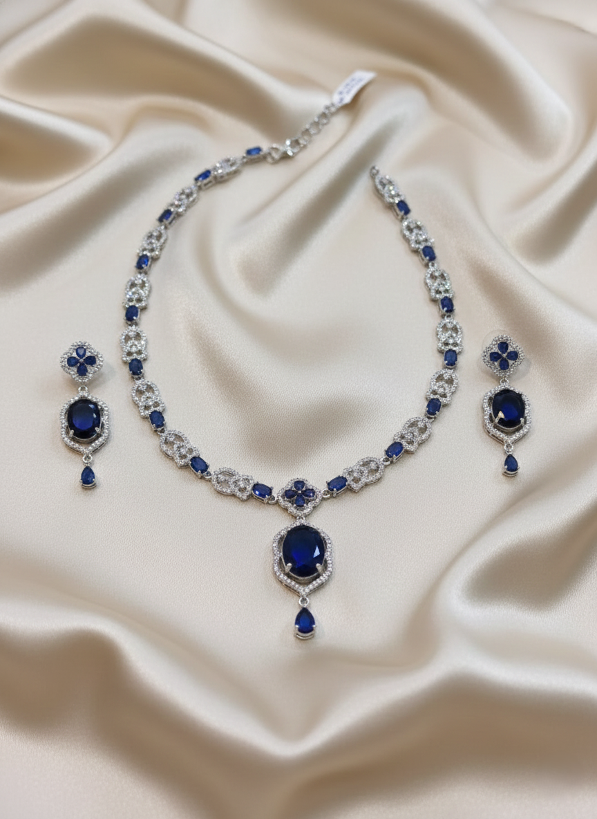 Exquisite Royal Blue AD Necklace & Earrings Set