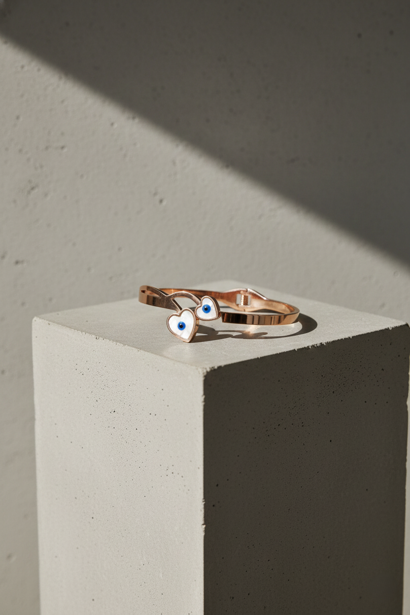 Nisa Premium Rose-Gold Polish Evil-Eyes Design With Heart Shape White Pearl Studded Bracelet For Women and Girls