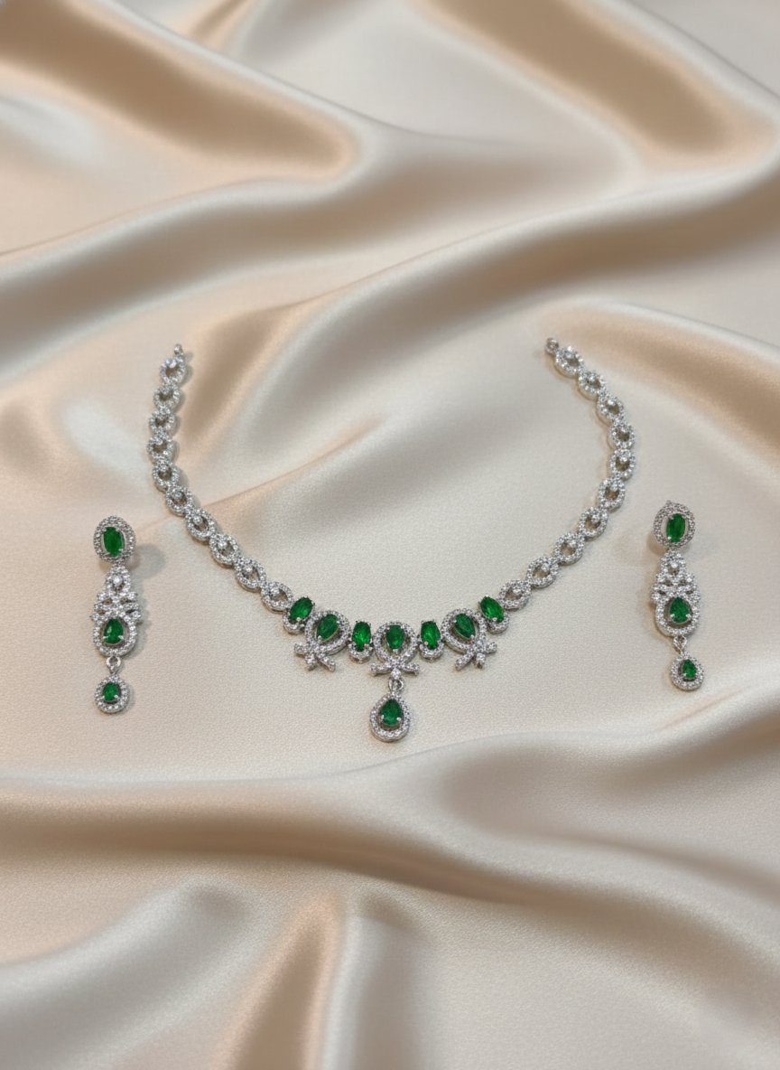 AYNA Emerald Green & Silver AD Necklace Set