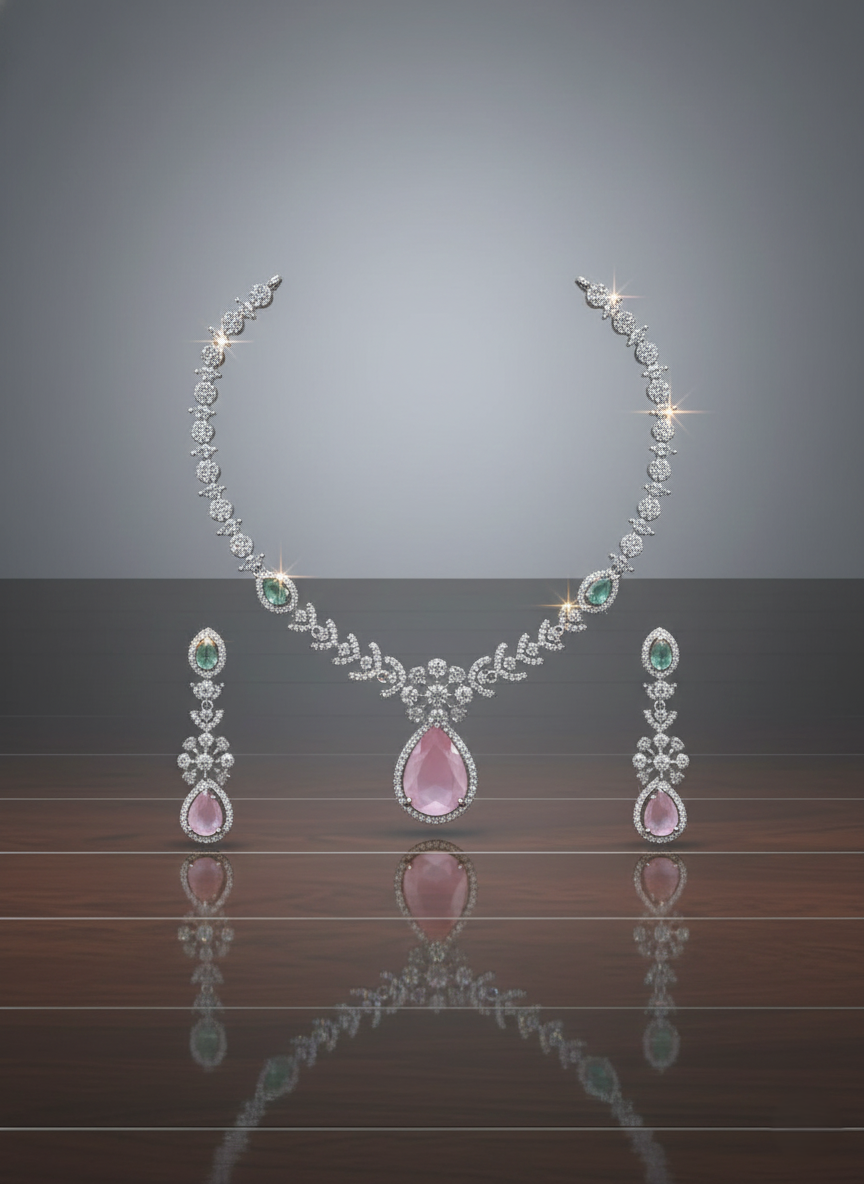 Pink & Mint Green AD Necklace & Earring Set