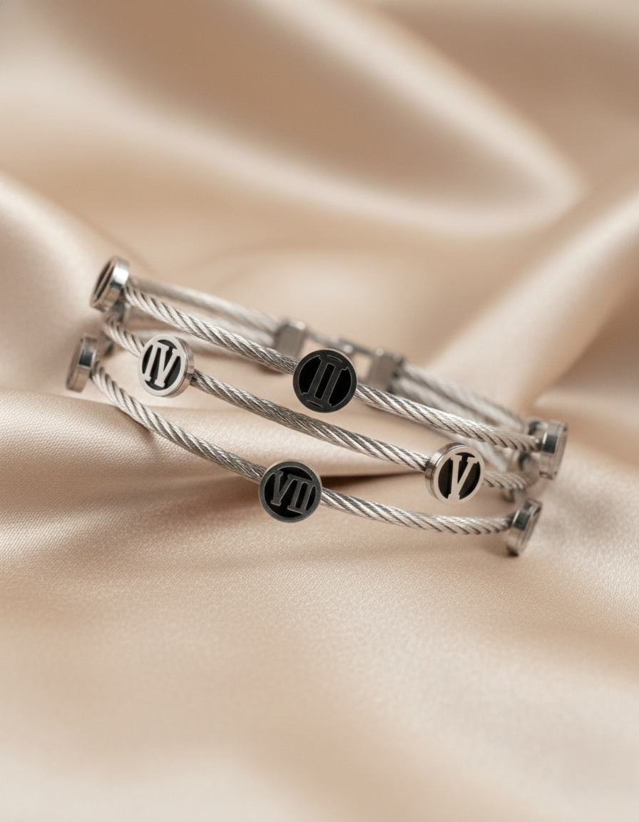 Nisa Premium Silver-Polish Roman-Numbers Rings Design In Wire Bracelet For Women and Girls