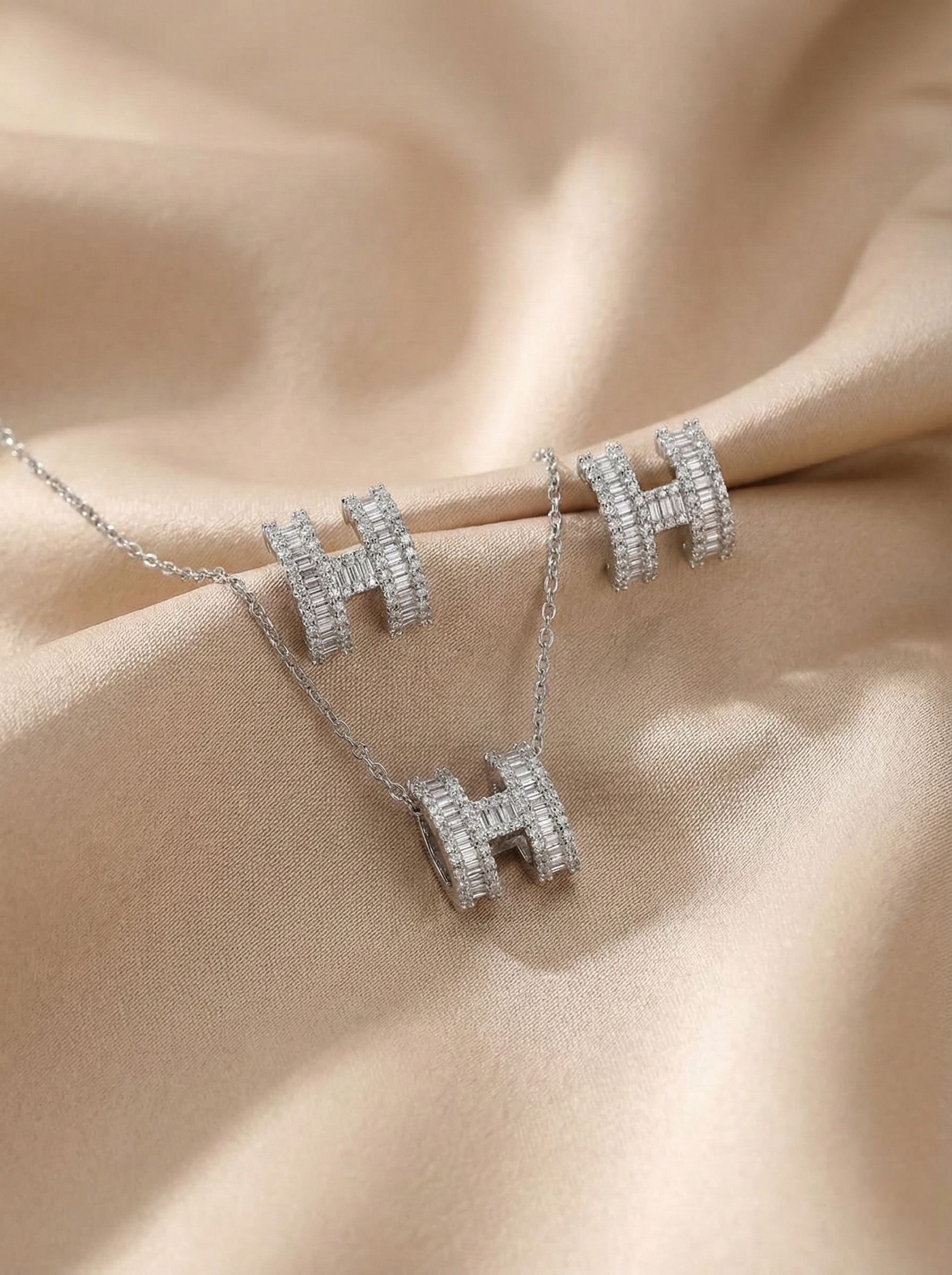 Luxe H-Design Baguette Stone Pendant Set with Matching Earrings