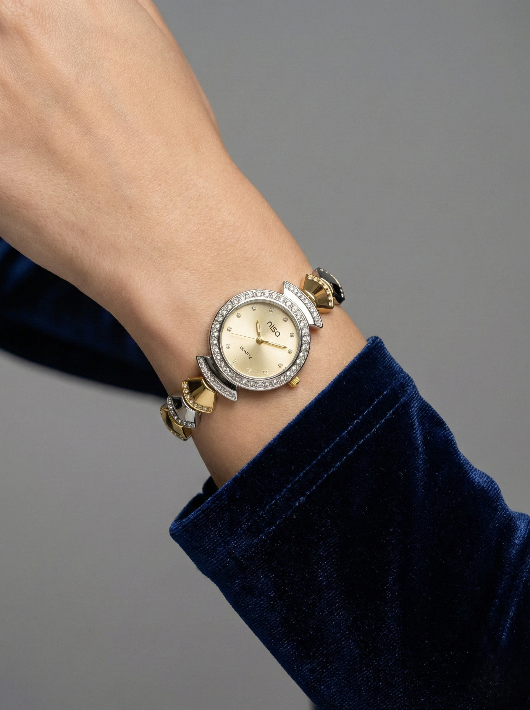 Nisa Designer Two-Tone Women’s Watch with Crystal Accents – Gold & Silver