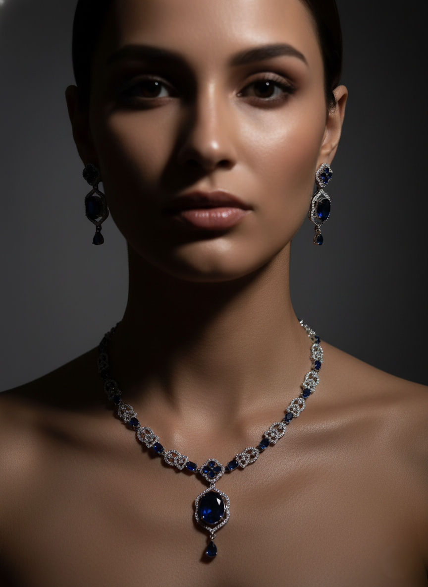 Exquisite Royal Blue AD Necklace & Earrings Set