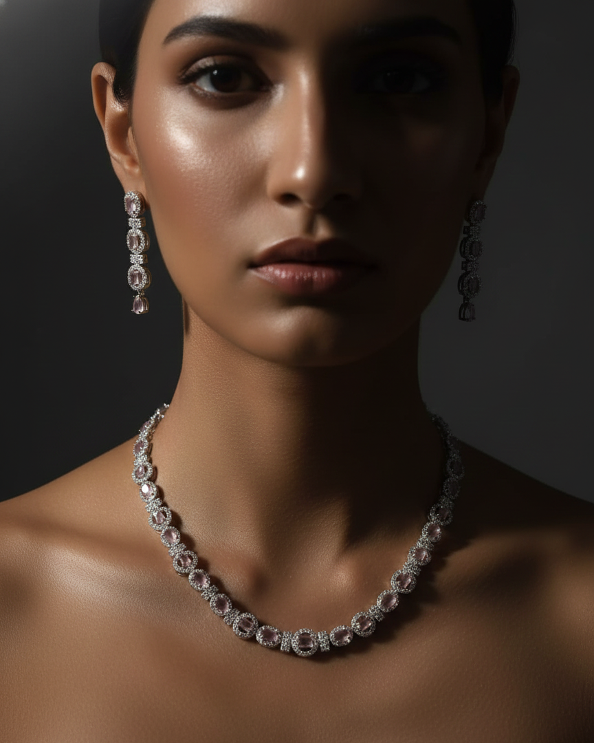 Pink Quartz & Halo AD Necklace