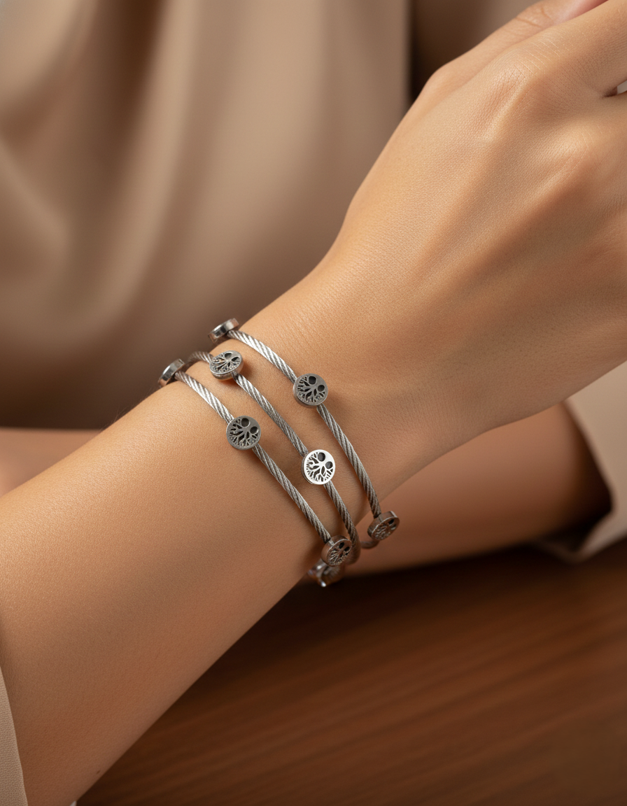 Nisa Premium Silver-Polish Tree Rings Design In Wire Bracelet For Women and Girls