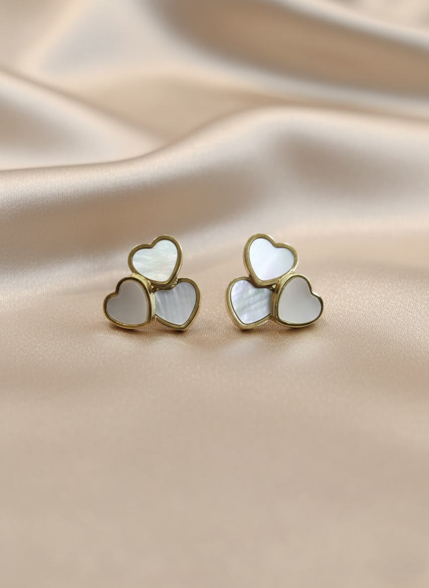Stainless Steel Triple Heart White  & Gold Studs