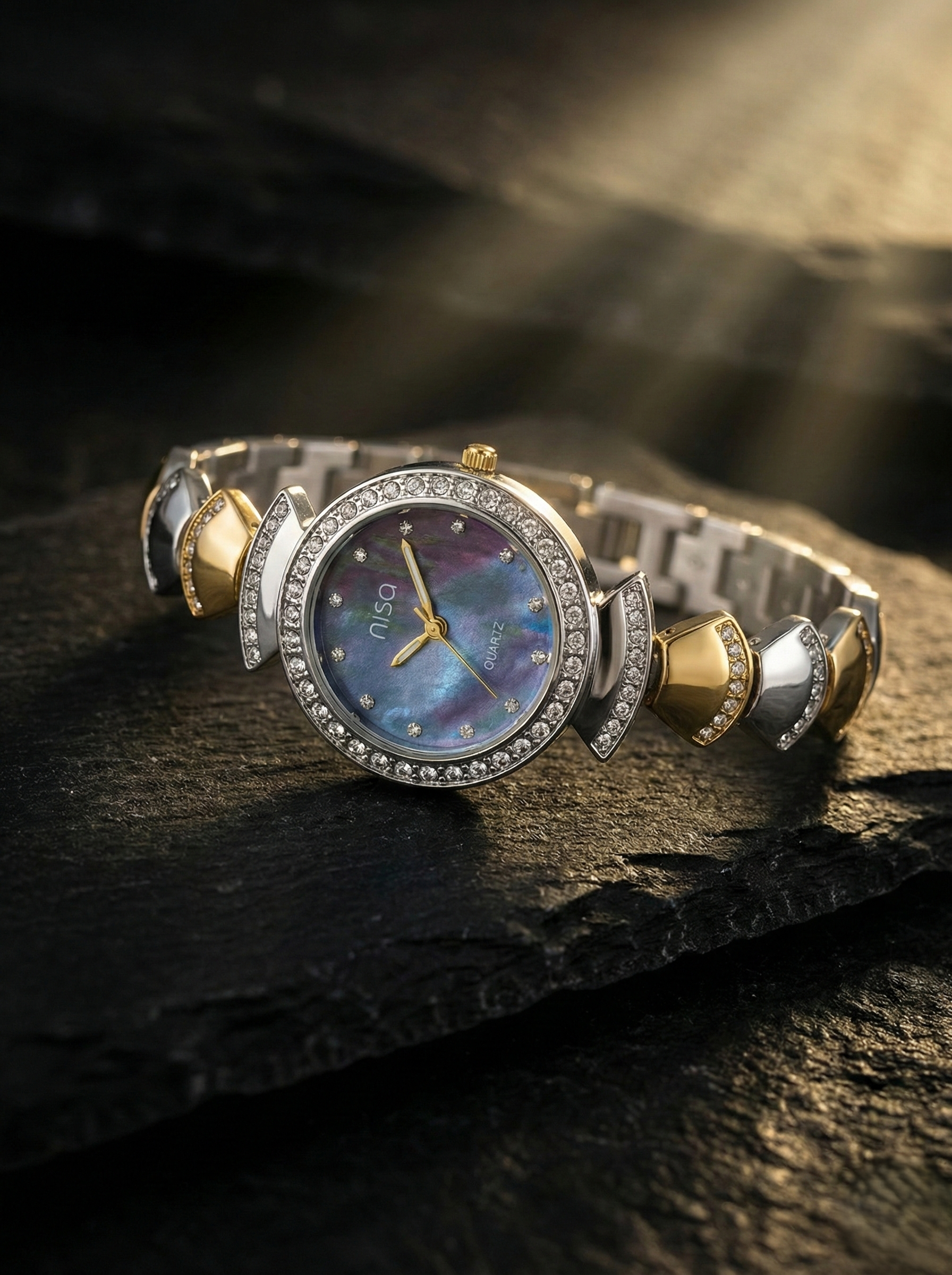 Nisa Designer Two-Tone Women’s Watch with Crystal Accents – Gold & Silver