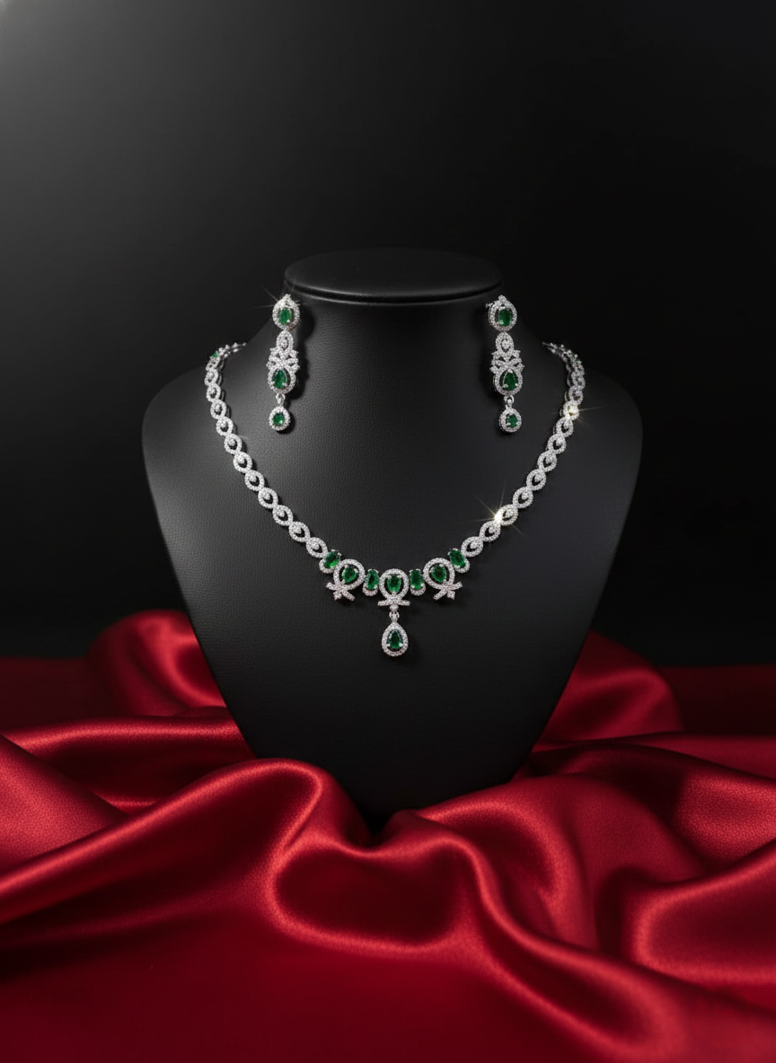 AYNA Emerald Green & Silver AD Necklace Set