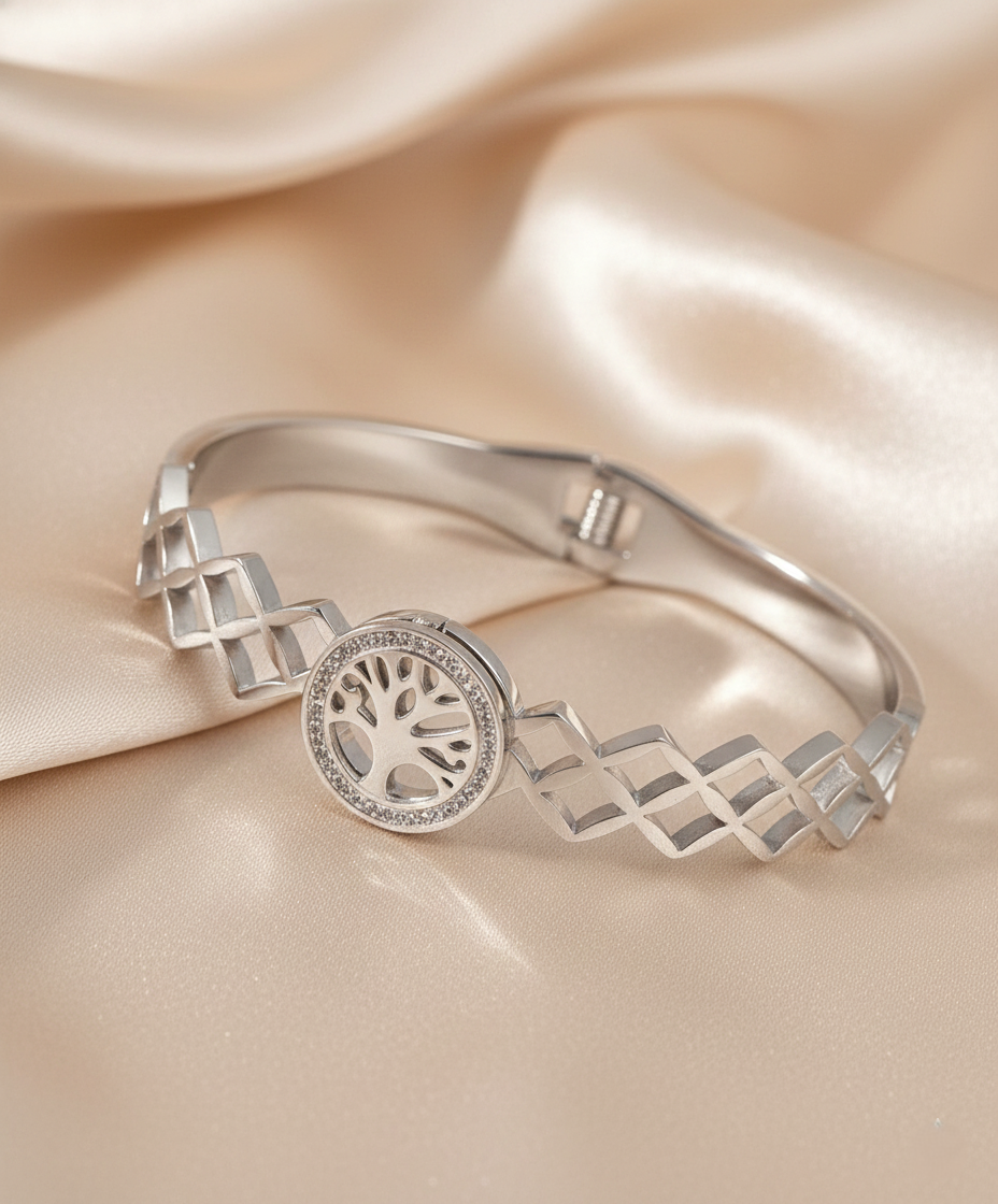 Nisa Premium Silver-Polish Tree Design With Diamond Studded Bracelet For Women and Girls