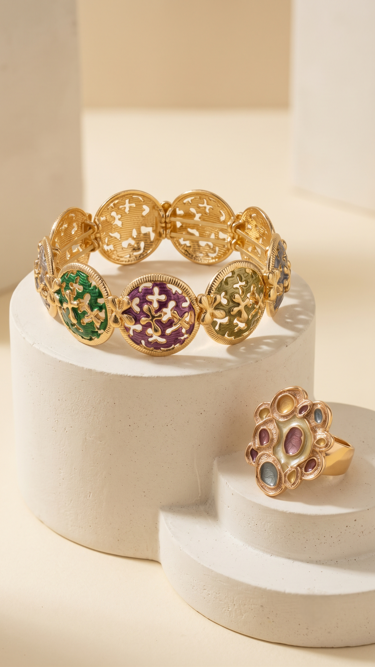 Nisa Pastel Enamel Oval Motif Bracelet & Statement Ring Combo