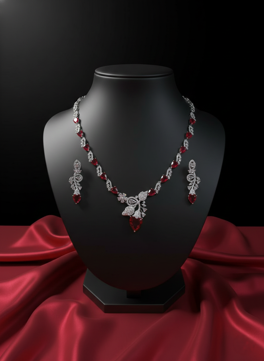 Crimson Radiance Red AD Necklace & Earring Set