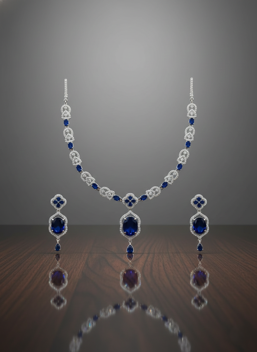 Exquisite Royal Blue AD Necklace & Earrings Set