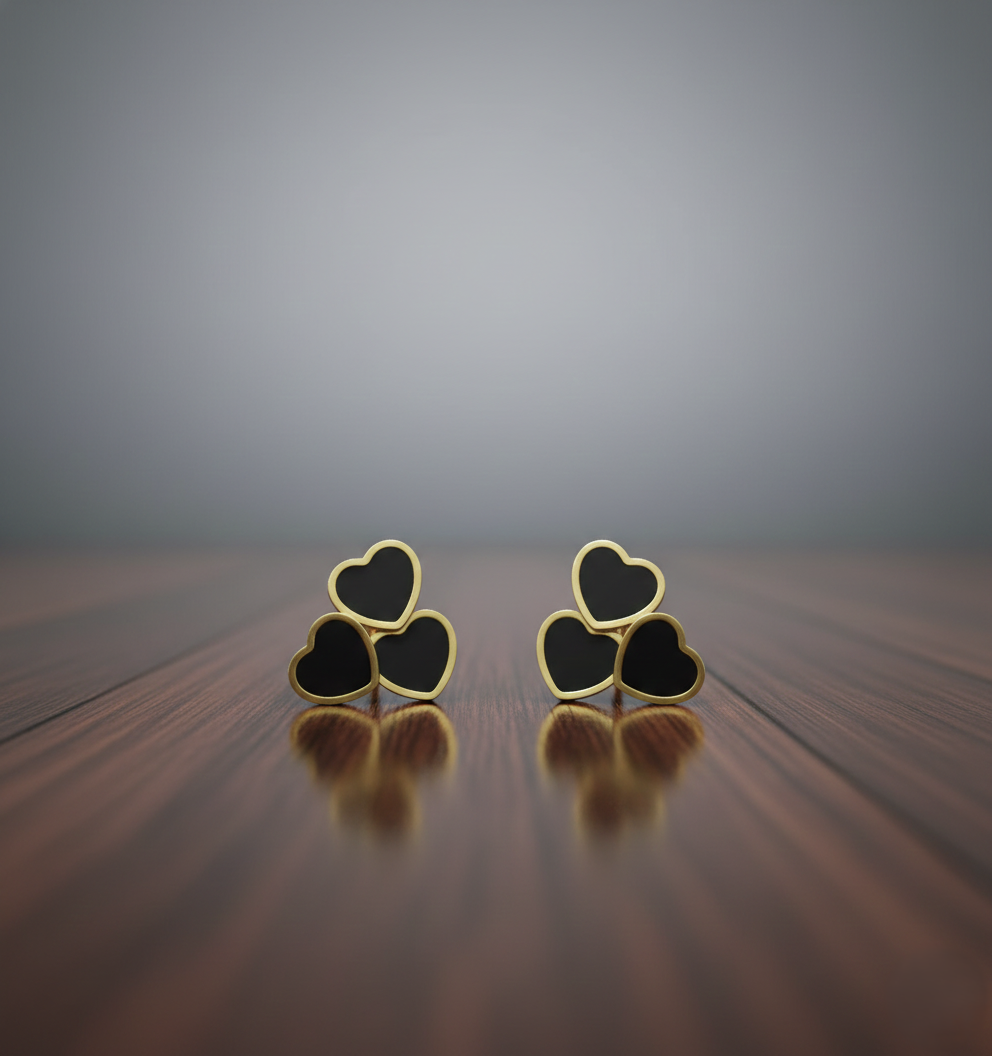 Stainless Steel Triple Heart Black Onyx & Gold Studs