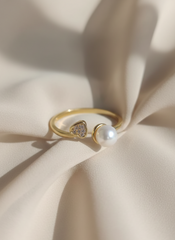 Pearl & Pavé Heart Open Finger Ring