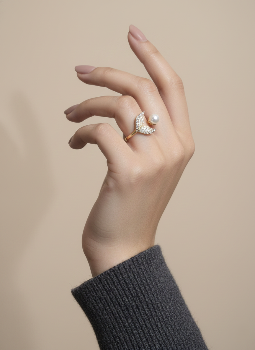 Gold-Tone Mermaid Tail & Pearl Open Finger Ring