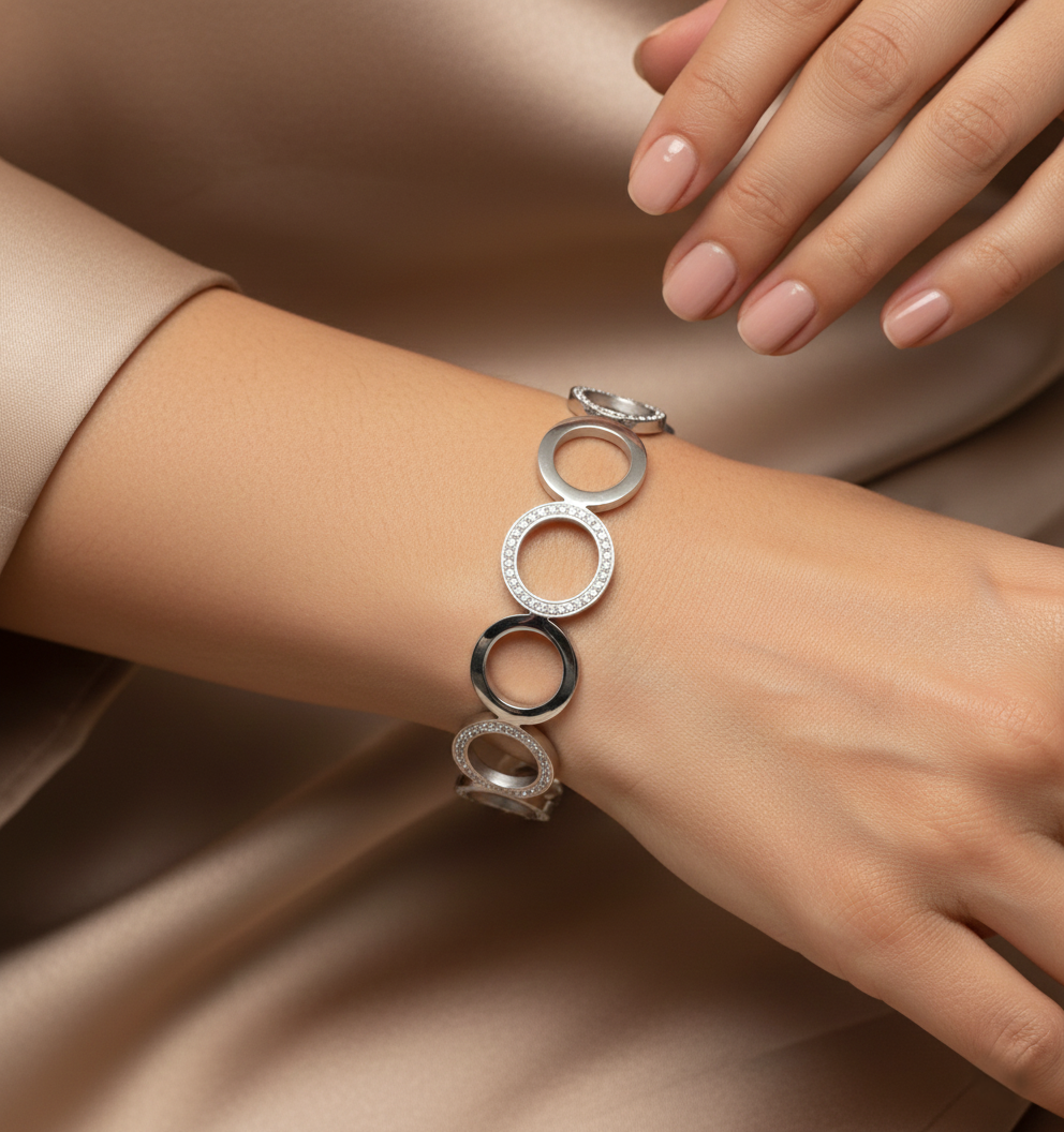 Nisa Premium Silver-Polish Sequence Round Design With Diamond Studded Bracelet For Women and Girls