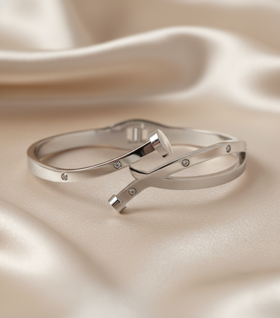 Nisa Premium Silver Polish Unique Design With Diamond Studded Bracelet For Women and Girls