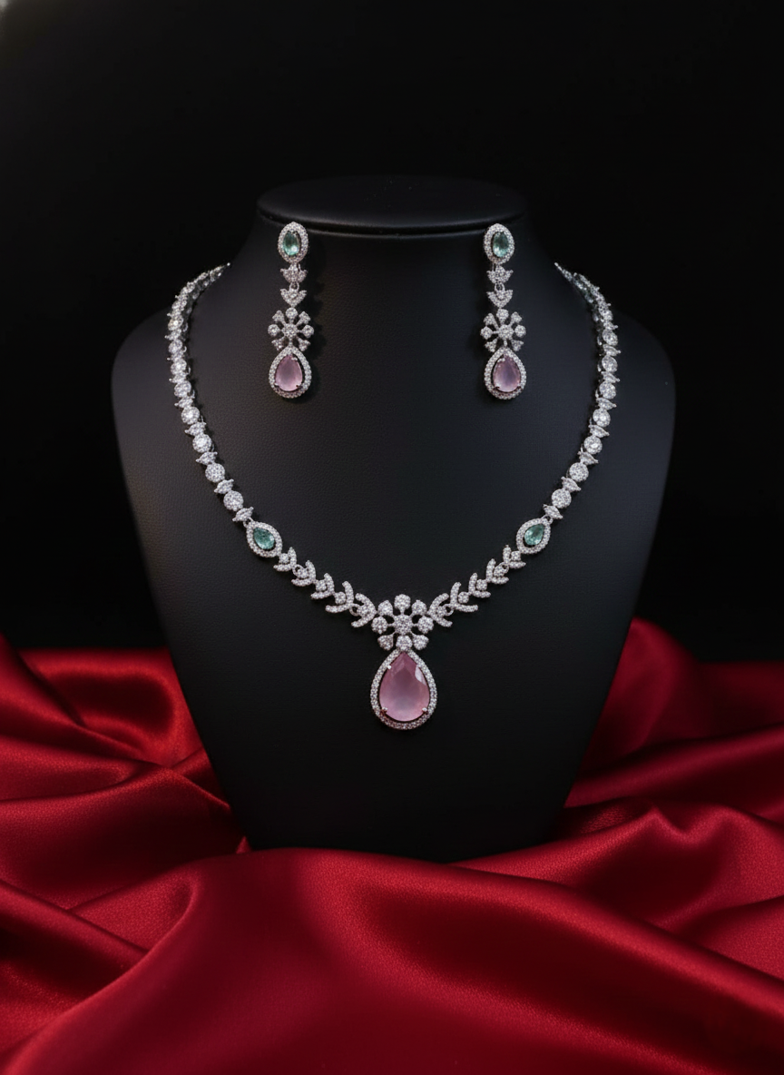 Pink & Mint Green AD Necklace & Earring Set