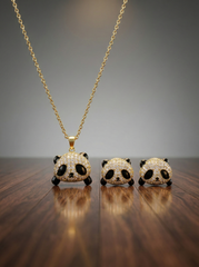 Sparkling Gold-Tone Panda Pendant Set with Matching Stud Earrings