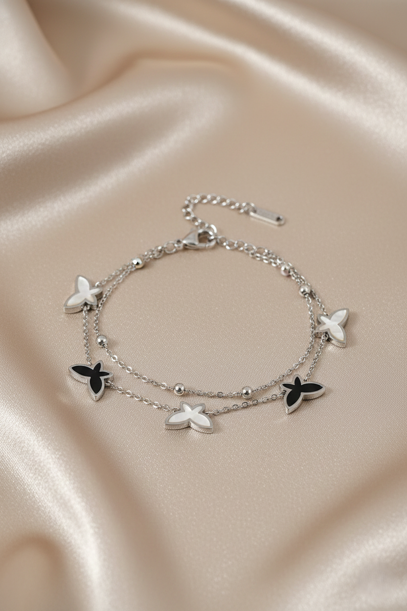 Nisa Premium Silver-Polish Butterfly Design With Black & White Pearl Studded Bracelet For Women and Girls