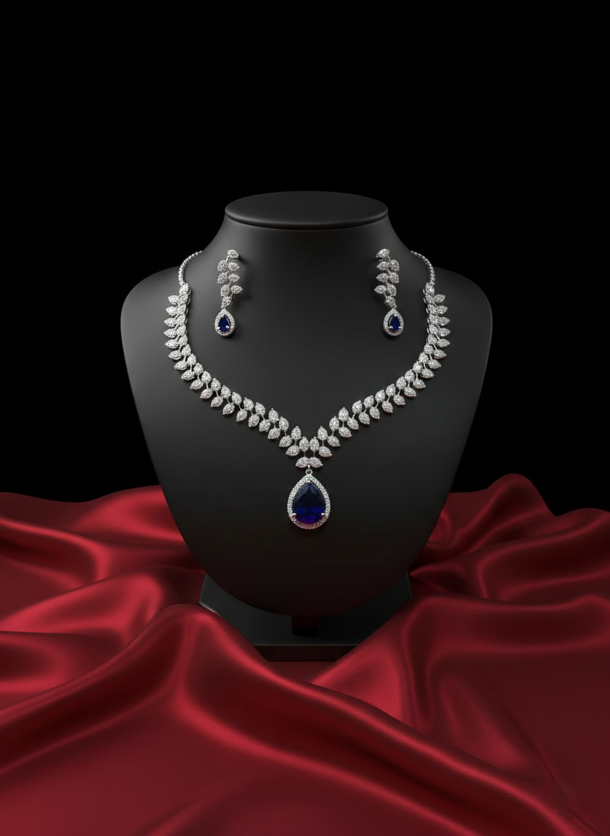 Imperial Blue Pear-Drop AD Necklace & Earring Set