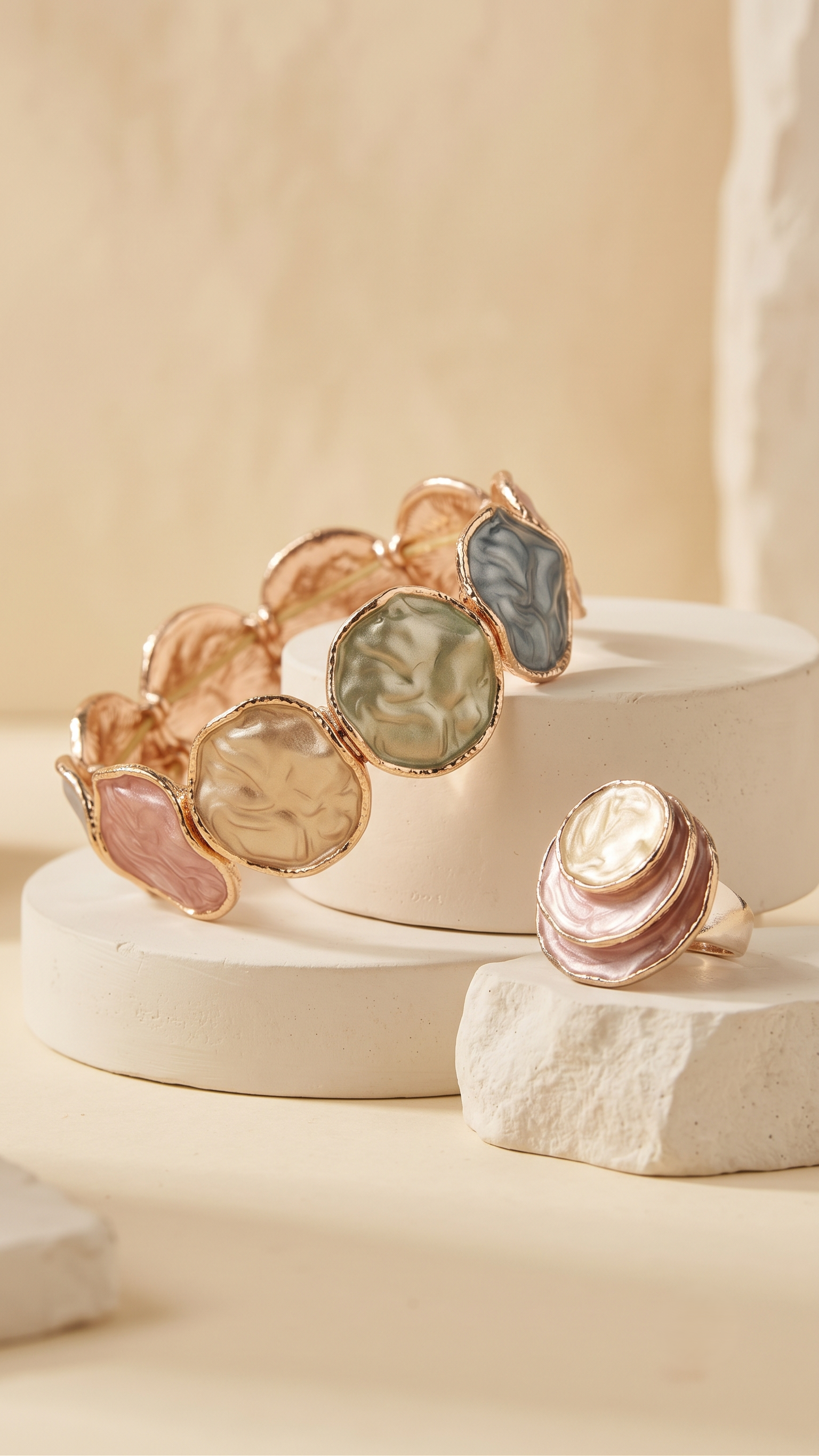 Nisa Pastel Enamel Oval Motif Bracelet & Statement Ring Combo