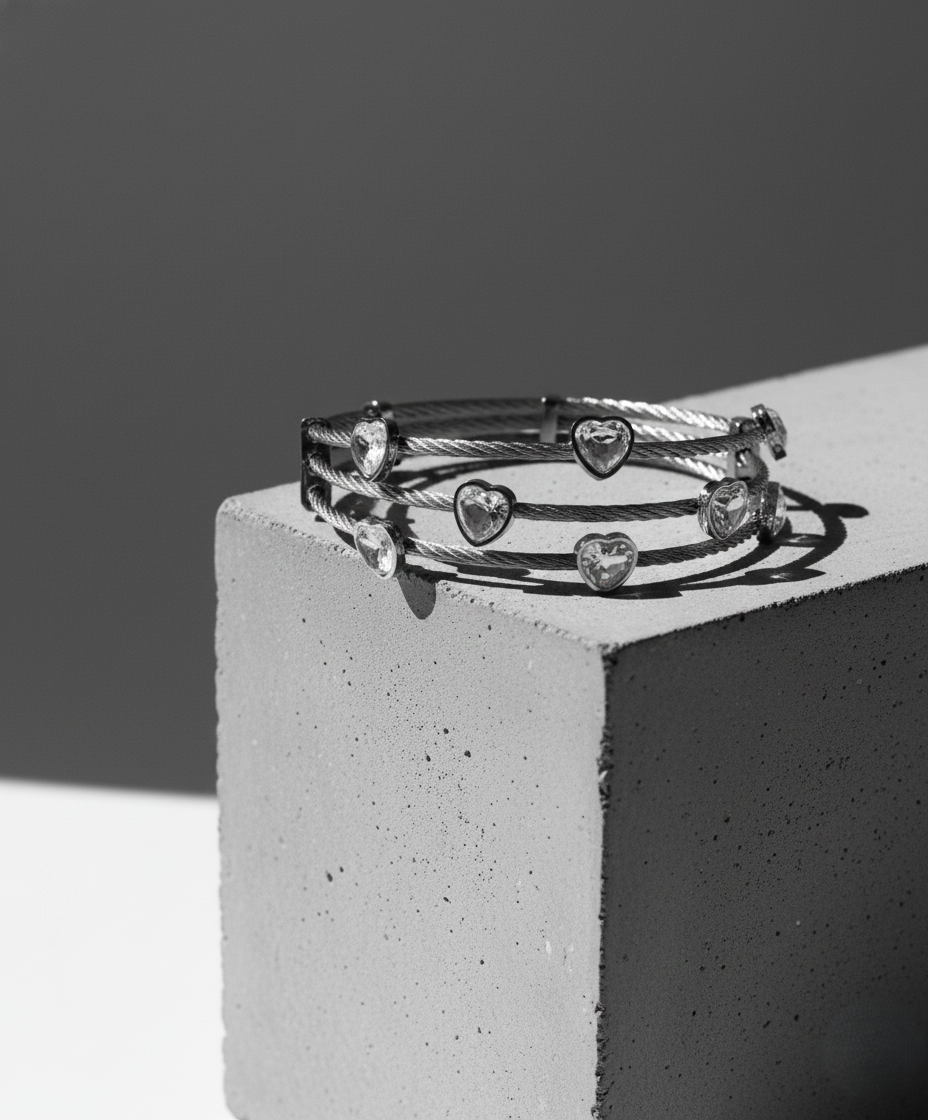 Nisa Premium Silver-Polish Heart Design With Diamond Studded Bracelet For Women and Girls